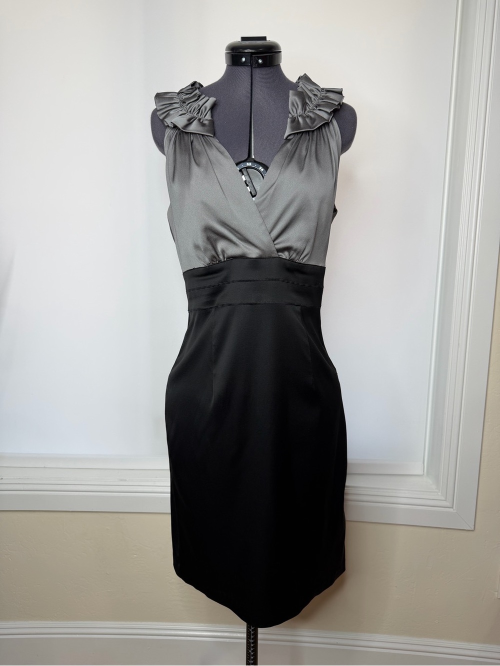 Sleeveless Satin Gray & Black Ruffle-Shoulder Dress